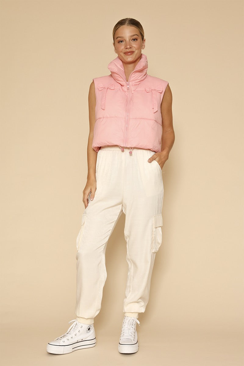 Bow Detail Cropped Puffer Vest