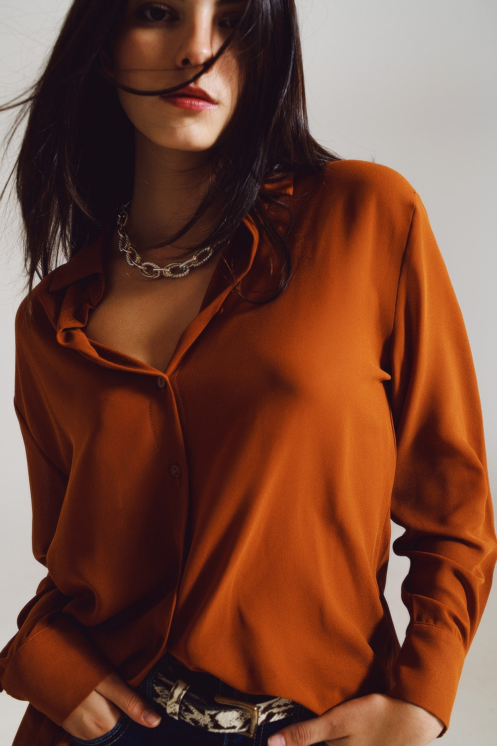 Camel Chiffon Polo Blouse