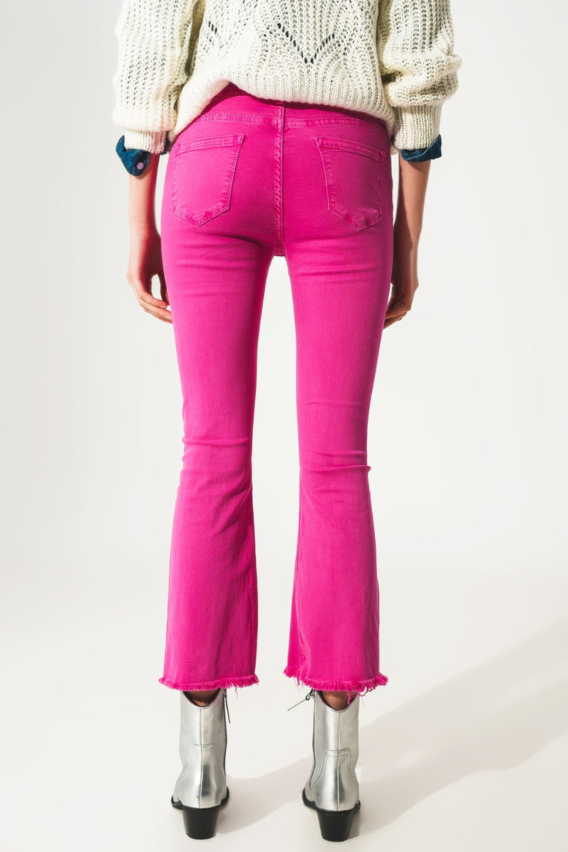 Fuchsia Raw Hem Flare Jeans