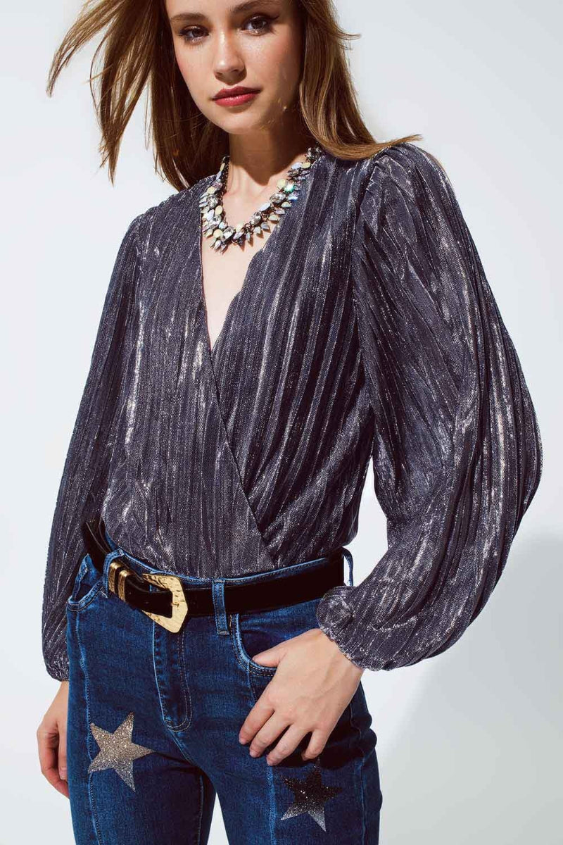 Silver Glitter V-Neck Top
