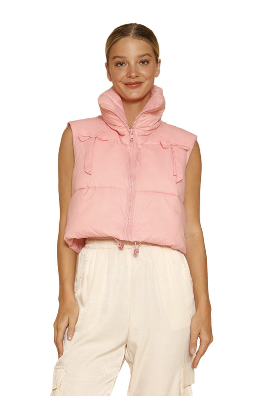Bow Detail Cropped Puffer Vest