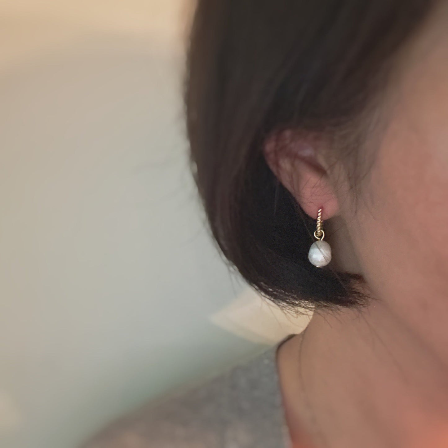 Cabled Huggie Natural Pearl Hoop Earrings