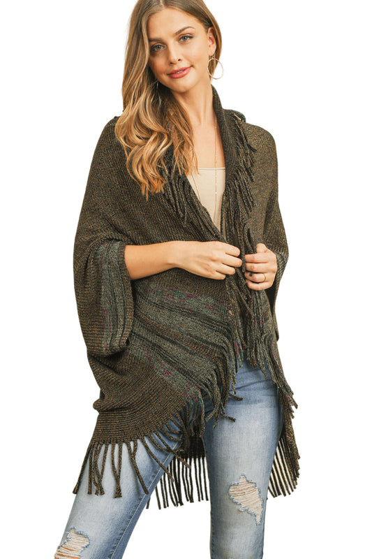 Fringe Stripe Open Front Kimono