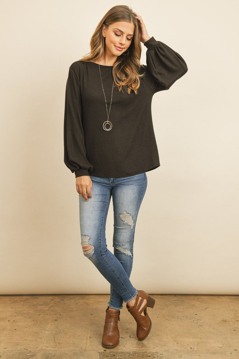 Two-Tone Hacci Puff Sleeve Top