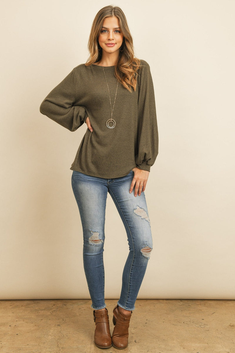 Two-Tone Hacci Puff Sleeve Top