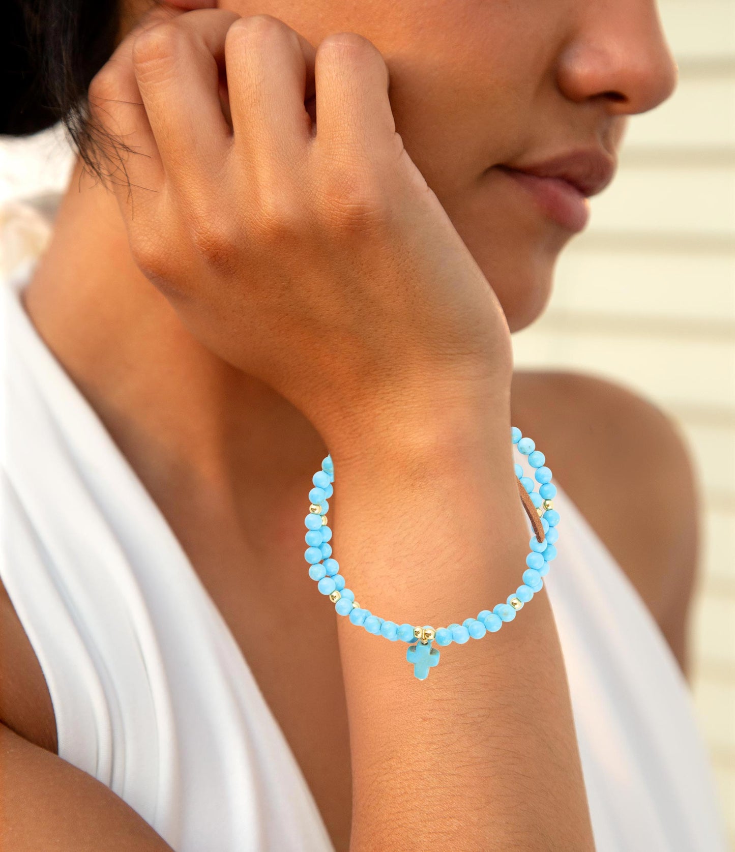 Blue Magnesite Golden Charm Stretch Bracelet Set