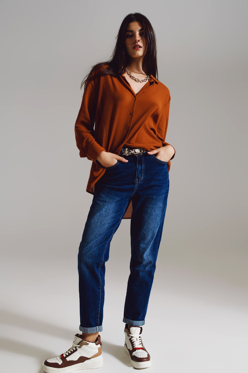 Camel Chiffon Polo Blouse
