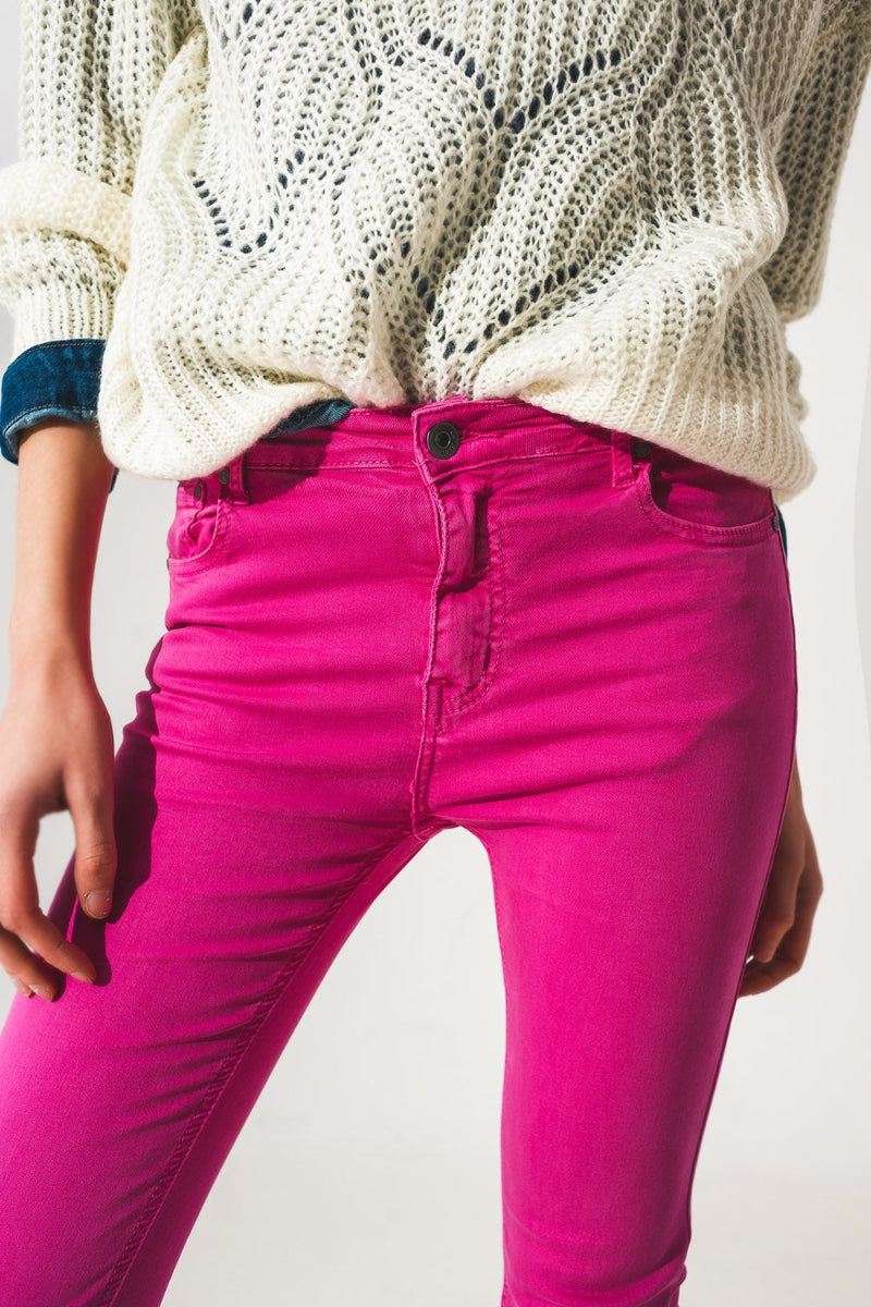 Fuchsia Raw Hem Flare Jeans