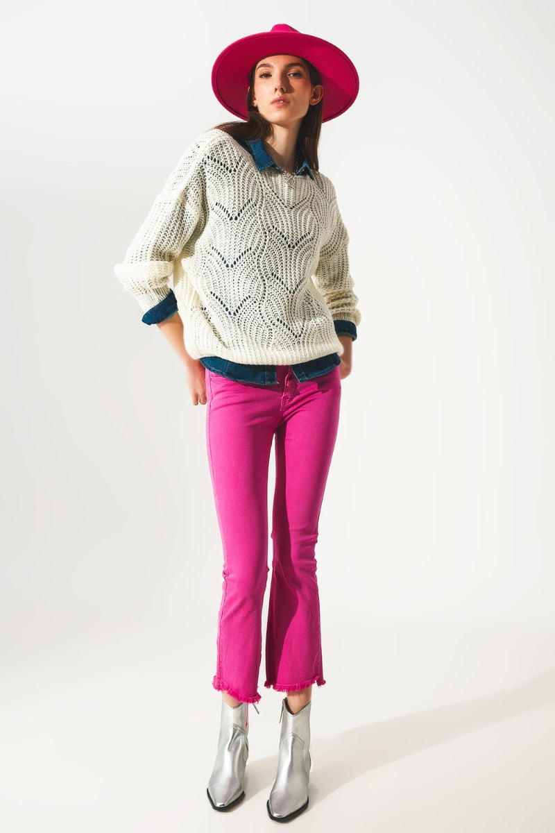 Fuchsia Raw Hem Flare Jeans