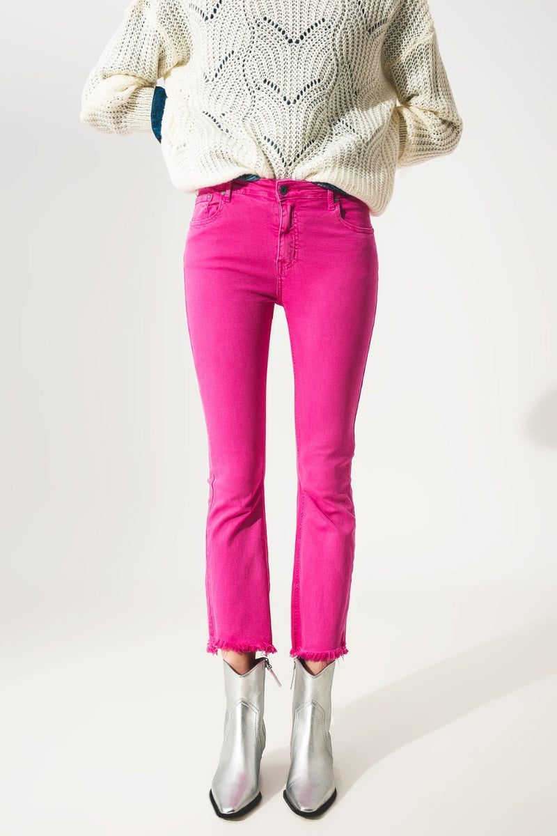 Fuchsia Raw Hem Flare Jeans