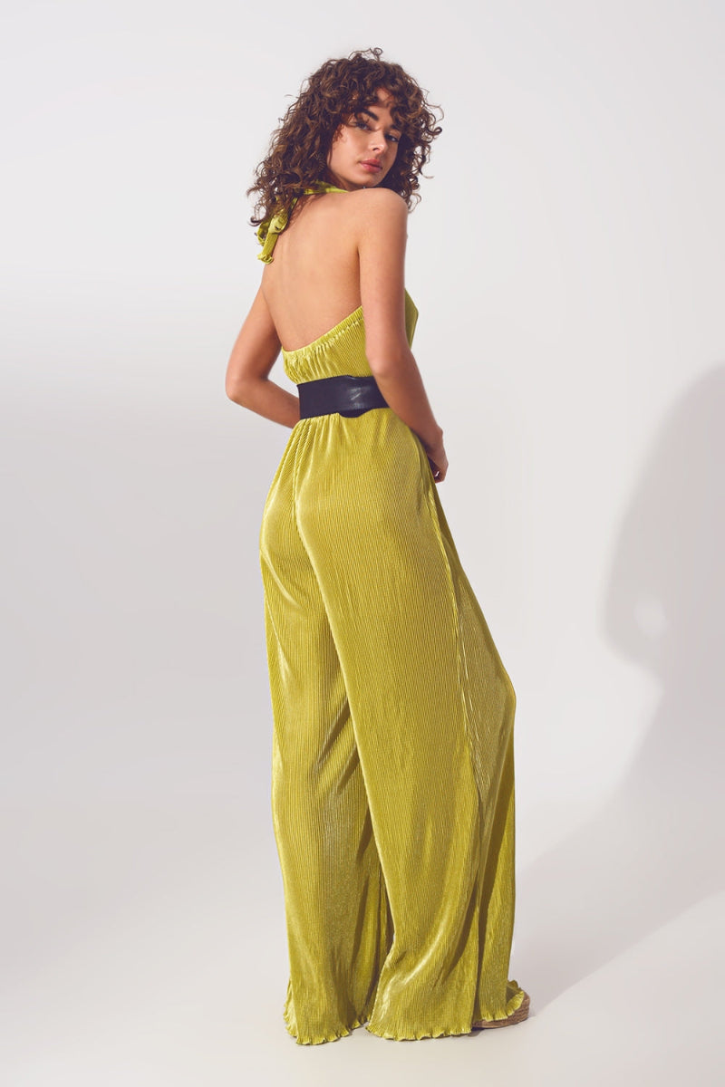 Emerald Satin Pleated Jumpsuit