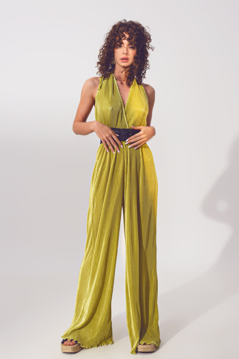 Emerald Satin Pleated Jumpsuit