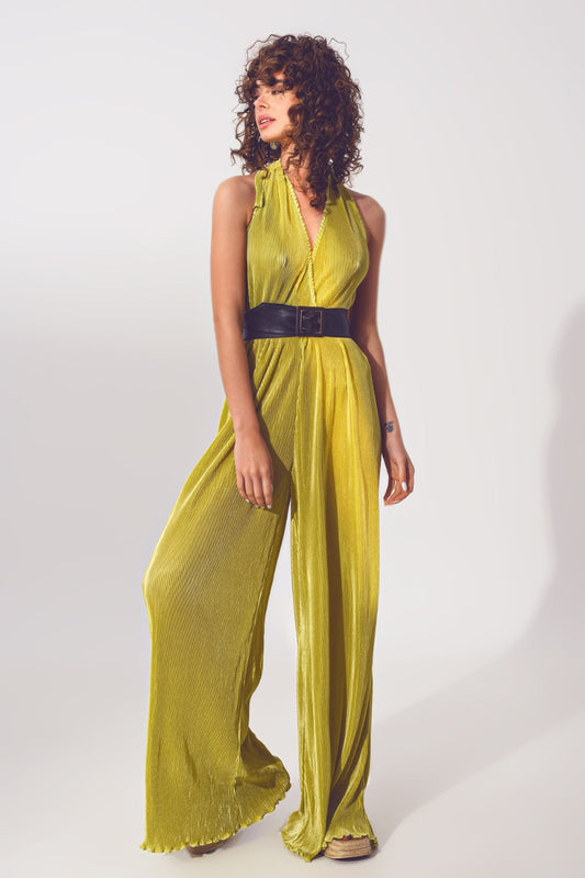 Emerald Satin Pleated Jumpsuit
