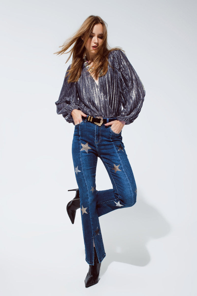 Silver Glitter V-Neck Top