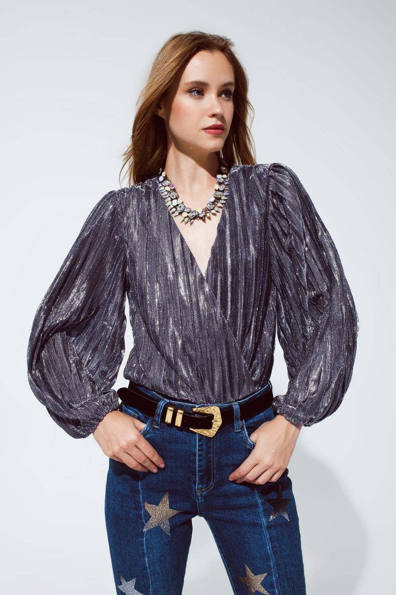 Silver Glitter V-Neck Top
