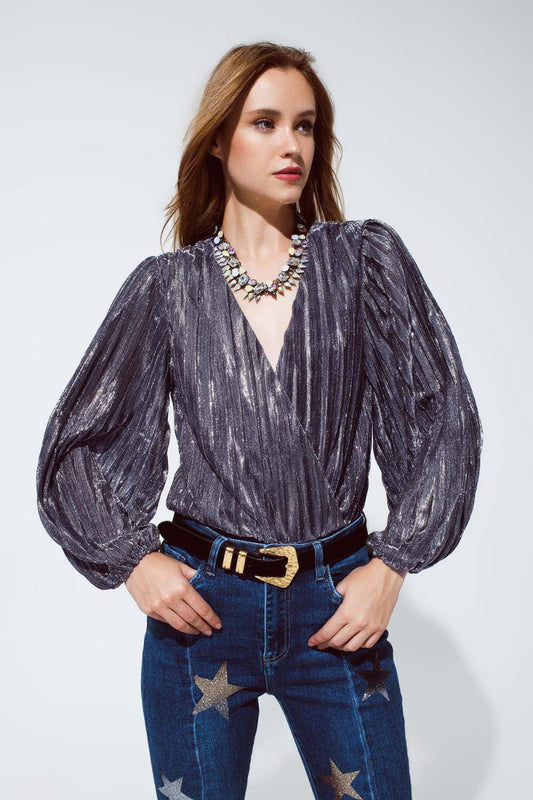 Silver Glitter V-Neck Top