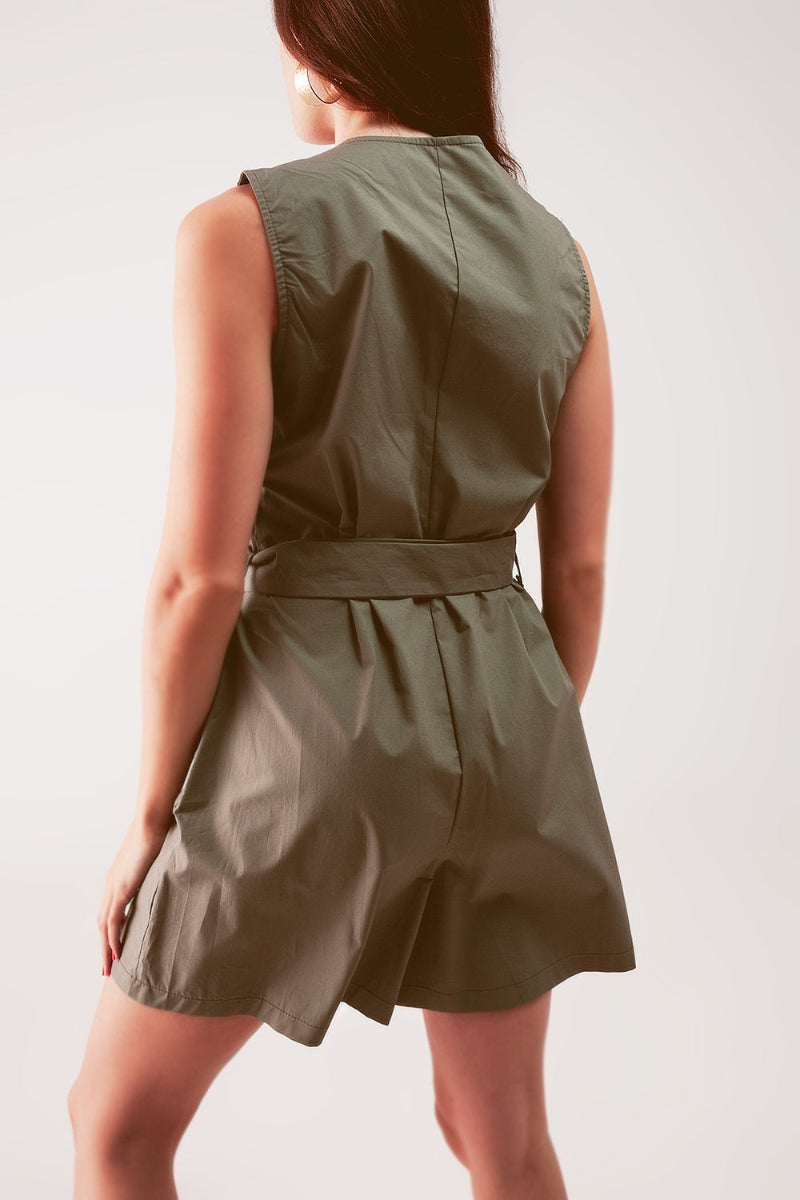 Sleeveless Belted Jumpsuit in Khaki