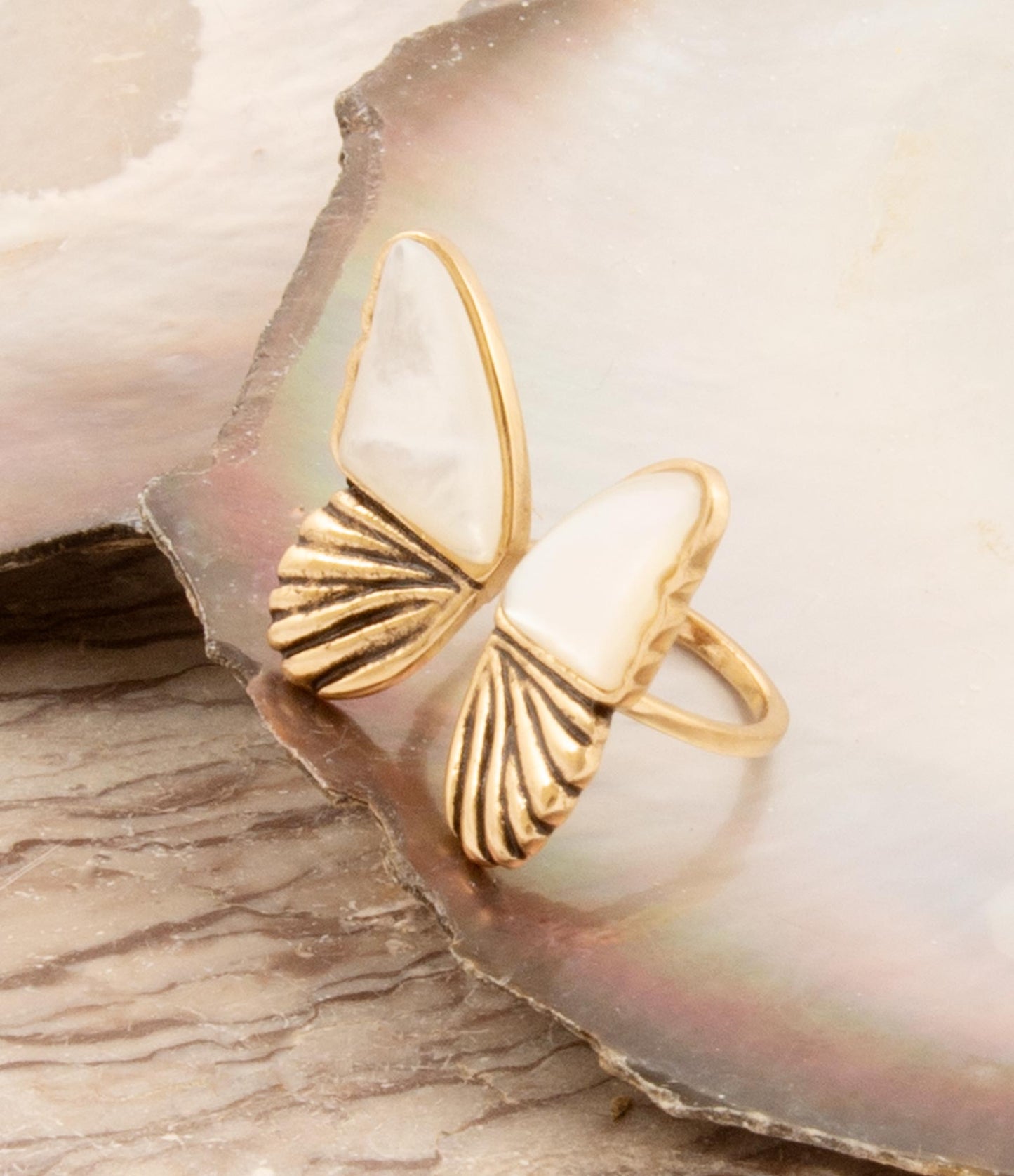 Mother of Pearl Golden Butterfly Statement Ring