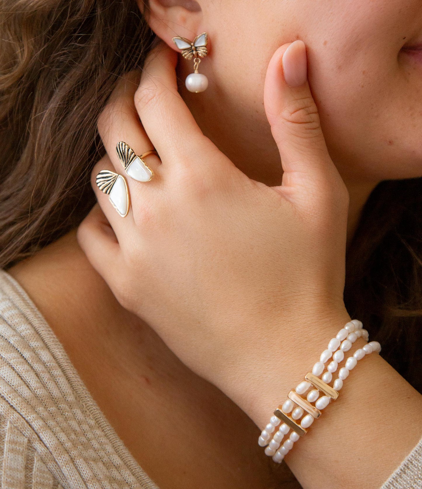 Mother of Pearl Golden Butterfly Statement Ring