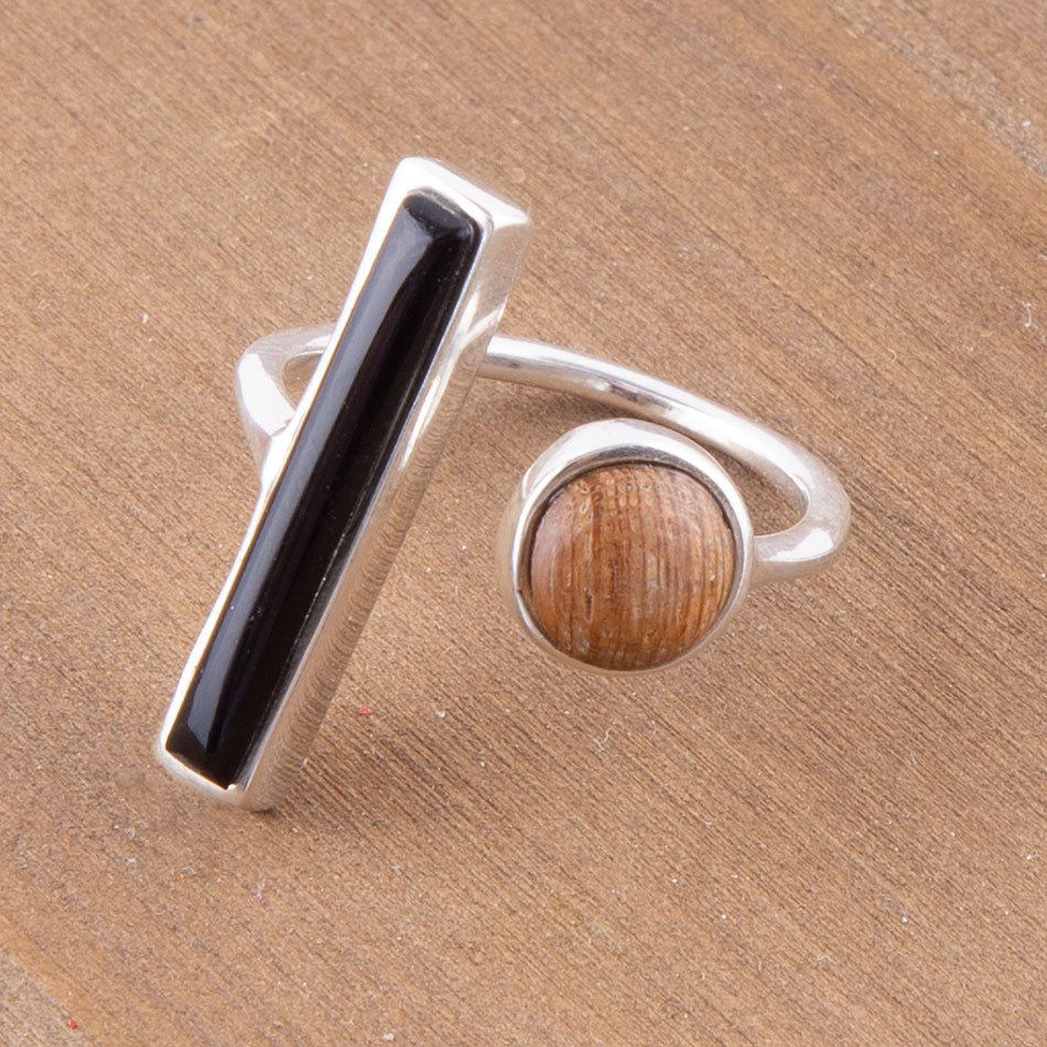 Wood & Onyx Silver Ring
