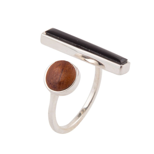 Wood & Onyx Silver Ring